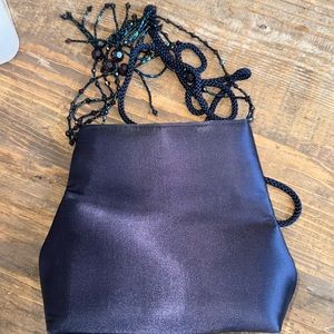 Guerlain Paris Navy Satin Evening Bag with Beaded Handle